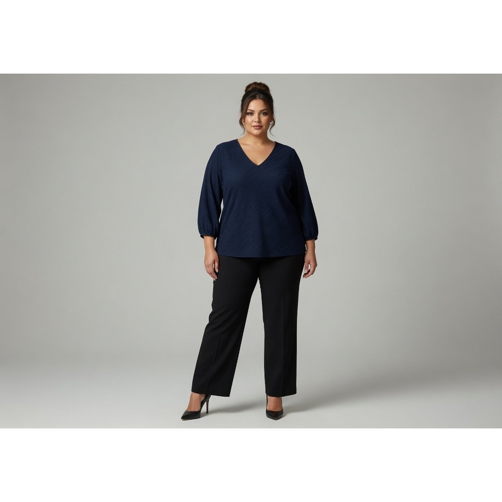 J Jill Wearever Collection Blouse Shirt 3X V-Neck Balloon Sleeve‎ Navy Chiffon